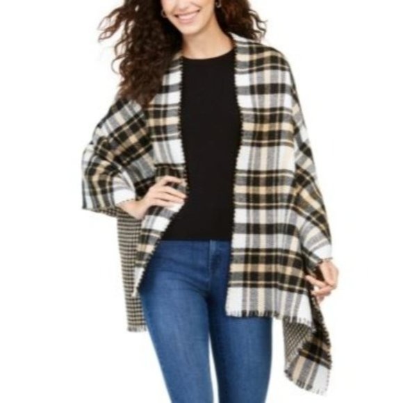 CHARTER CLUB Reversible Houndstooth to Plaid Wrap Black/White/Camel NWOT - Picture 2 of 3